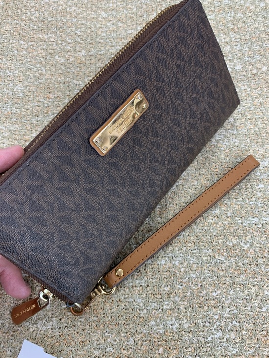 Michael Kors Handbags - Michael Kors Brown and Tan Signature Zip Wristlet